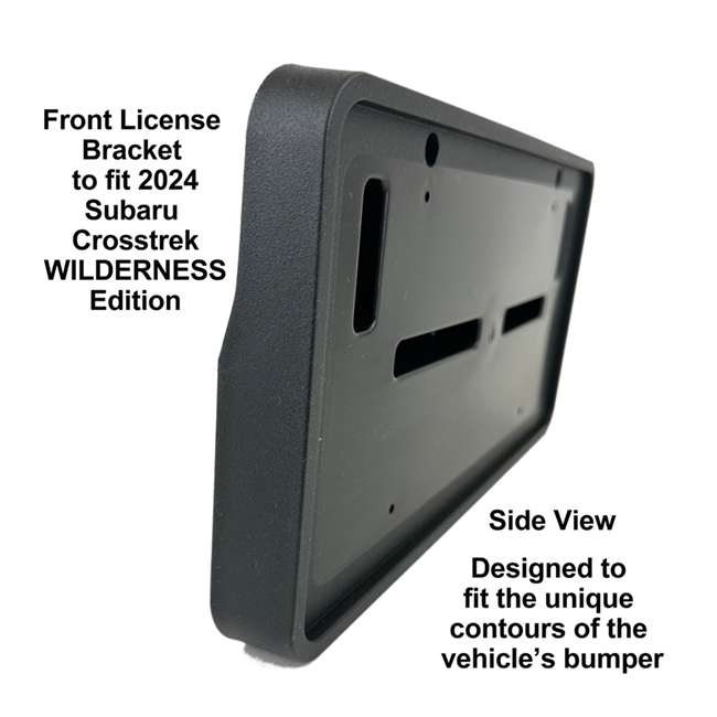 Diagonal View showing unique contours to fit snugly around your vehicle's bumper: Front License Bracket CT-24-FP-W to fit the 2024  Subaru Crosstrek Wilderness Edition  custom designed and manufactured by C&C CarWorx